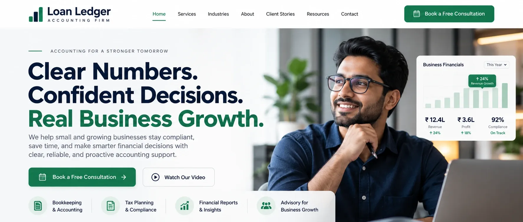 The Loan Ledger Accounting Firm website’s first screen: its logo and menu, the headline “Clear Numbers. Confident Decisions. Real Business Growth.”, a Book a Free Consultation button, and a man smiling at his desk.