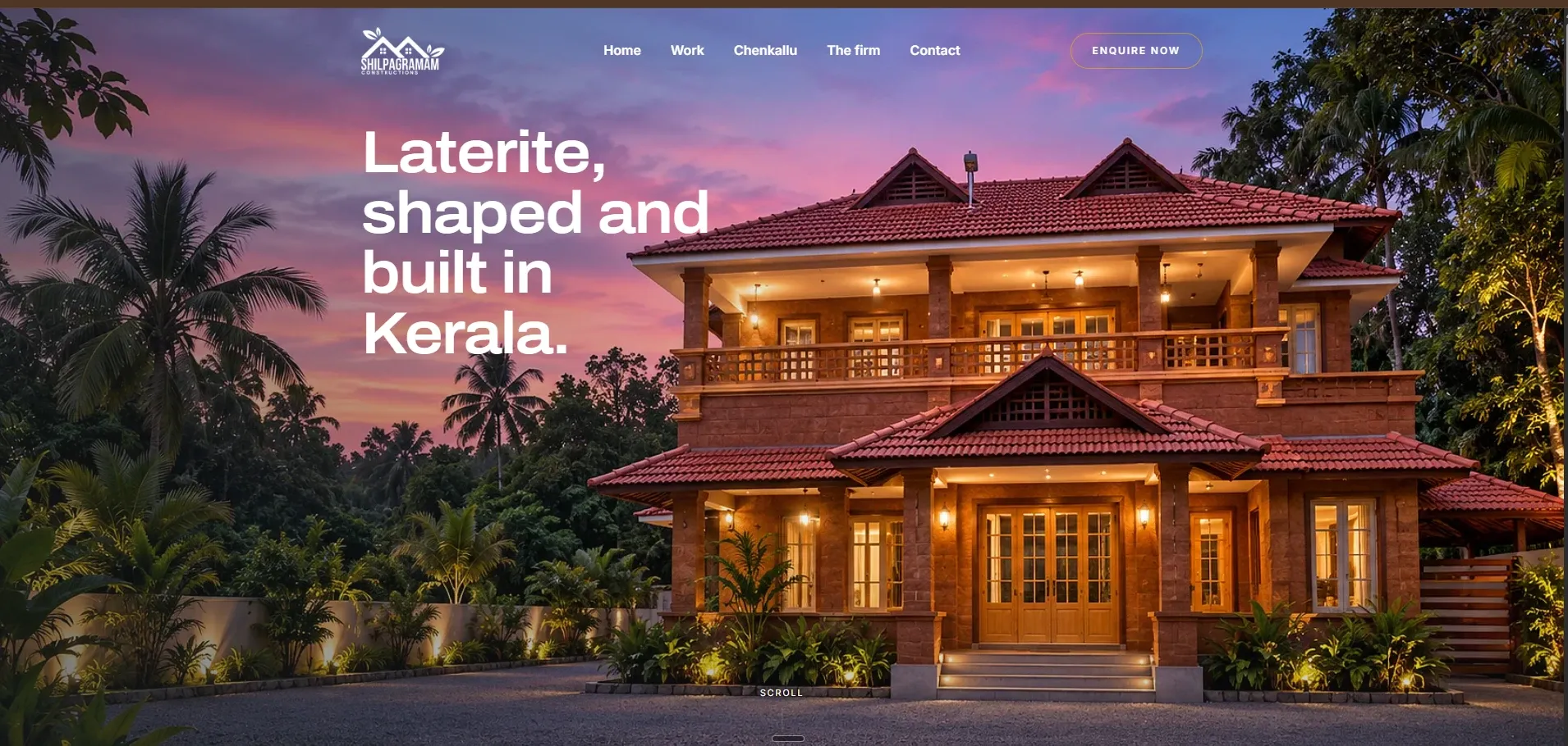 The new Shilpagramam Constructions website: a laterite house at dusk, and the headline “Laterite, shaped and built in Kerala.”